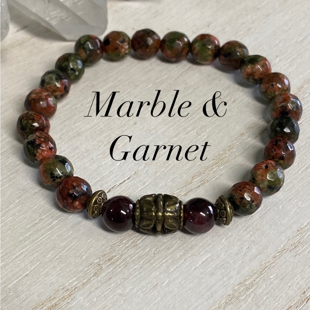 2/$30 - Faceted Marble & Garnet Gemstone Bracelet - 8mm